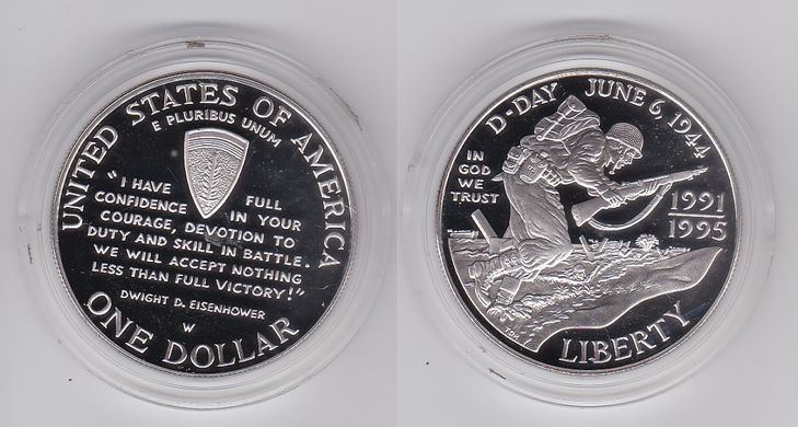 США - 1 Dollar 1993 - 50 лет высадке союзников в Нормандии - серебро - в капсуле - Proof