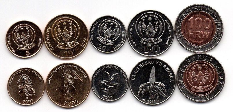 Руанда - 5 шт х набор 5 монет 5 10 20 50 100 Francs 2007 - 2011 - UNC