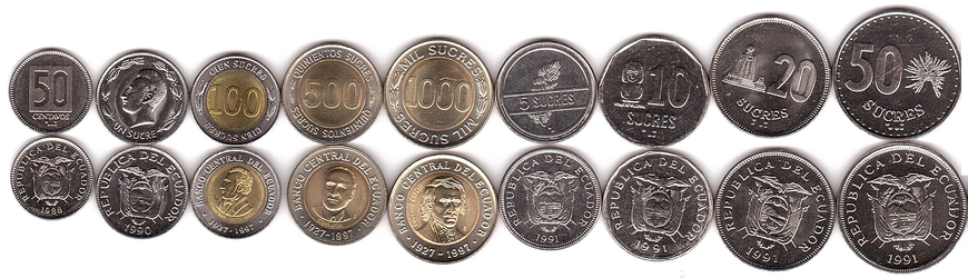 Ecuador - 5 pcs x set 9 coins - 50 Centavos 1 5 10 20 50 100 500 1000 Sucres 1988 - 1997 - UNC