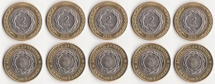 Аргентина - 5 шт X 2 Pesos 2016 - UNC