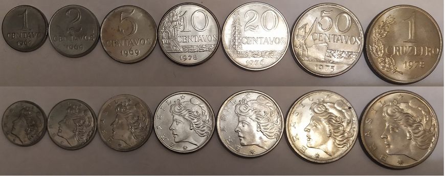 Бразилия - набор 7 монет - 1 2 5 10 20 50 Centavos 1 Cruzeiro 1969 - 1978 - aUNC