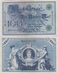 Германия - 100 Mark 1908 - Ro. 34, Udr.-Bst.: N, Serie Nr 4919516L - VF