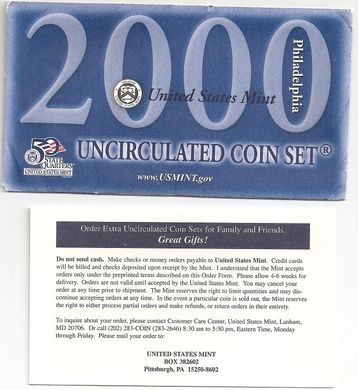 США - набор 10 монет 1 Cent 5 Cents 1 Dime 50 (1/2) Cents 1 Dollar + 25 Cents (5 шт) 2000 - P - Philadelphia - Blue - UNC