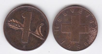 Швейцария - 5 шт х 1 Rappen 1958 - VF
