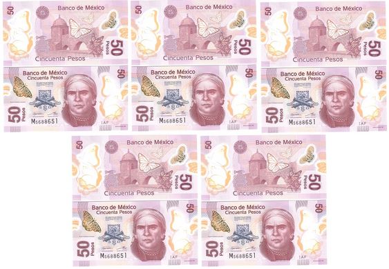Mexico - 5 pcs x 50 Pesos 2019 - P. 123Aaf - serie AF - UNC