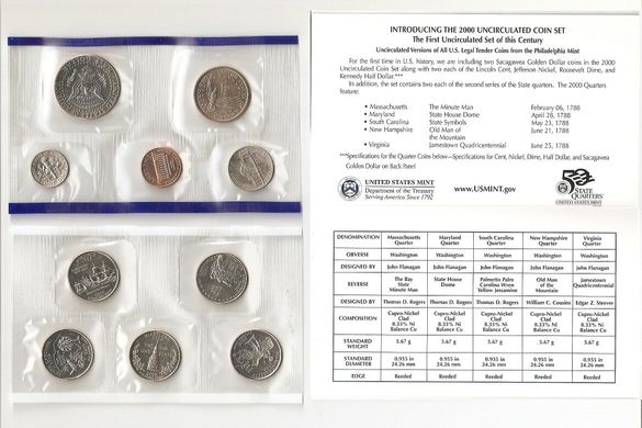 США - набор 10 монет 1 Cent 5 Cents 1 Dime 50 (1/2) Cents 1 Dollar + 25 Cents (5 шт) 2000 - P - Philadelphia - Blue - UNC
