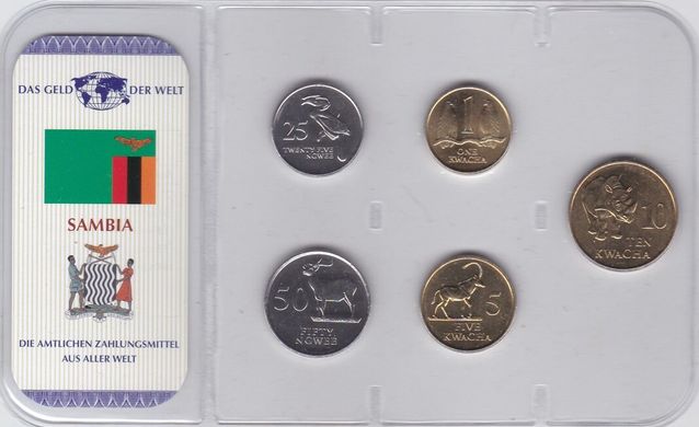 Замбія - набір 5 монет 5 25 50 Ngwee 1 10 Kwacha 1992 - у блістері - UNC
