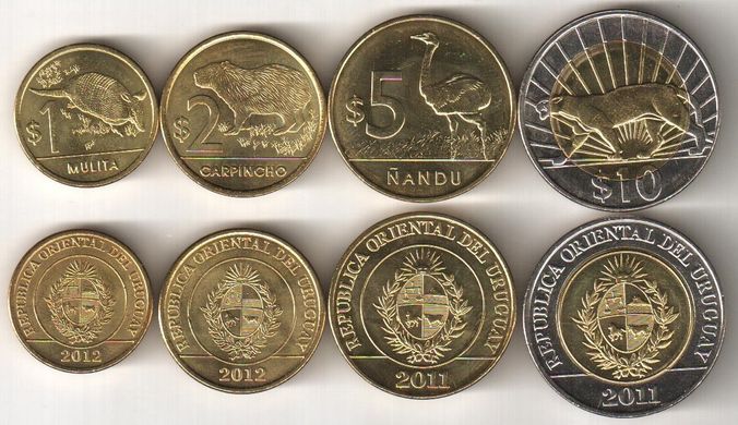 Уругвай - 5 шт х набор 4 монеты 1 2 5 10 Pesos 2011 - 2012 - UNC