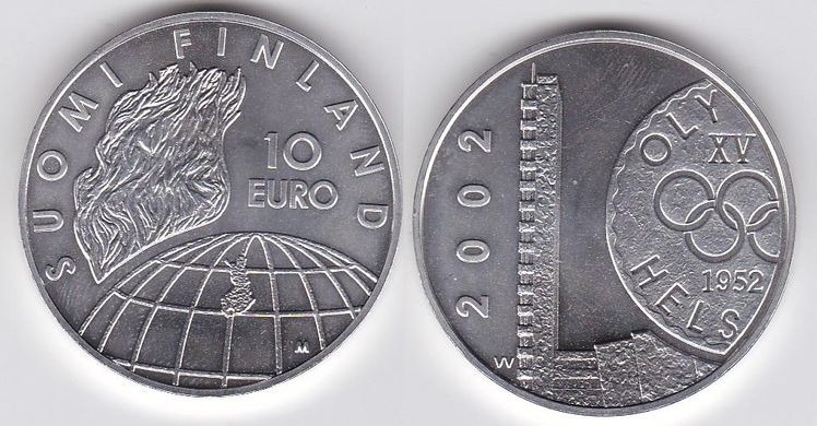 Финляндия - 10 Euro 2002 - 50-та річниця - Олімпійські ігри в Гельсінкі - comm. - срібло - UNC