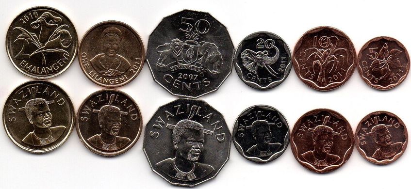 Swaziland - set 6 coins 5 10 20 50 Cents 1 Lilangeni 2 Emalangeni 2007 - 2011 - UNC