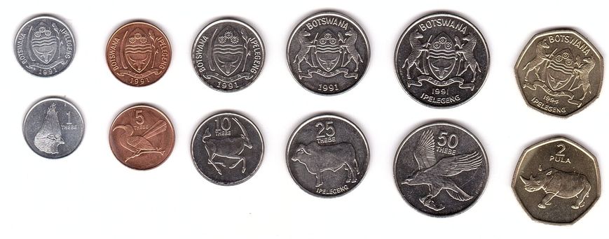 Botswana - set 6 coins - 1 5 10 25 50 Thebe 2 Pula 1991 - 1994 - UNC