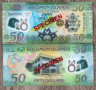 Соломоновы Острова - 50 Dollars 2026 - P. 40 - Polymer - пам&rsquo;ятний випуск &laquo;Золотий ювілей Центрального банку&raquo; - Specimen prefix A/17 - UNC