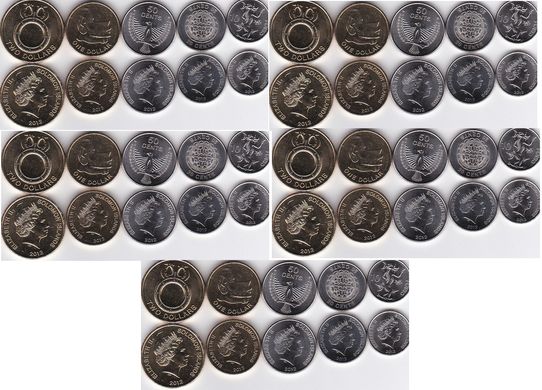 Соломонові острови / Соломони - 5 шт х набір 5 монет 10 20 50 Cents + 1 + 2 Dollars 2012 - UNC