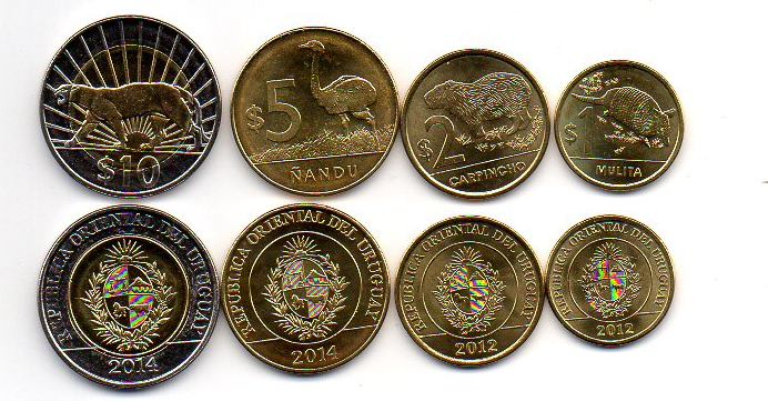 Уругвай - набір 4 монети 1 2 5 10 Pesos 2011 - 2012 - UNC