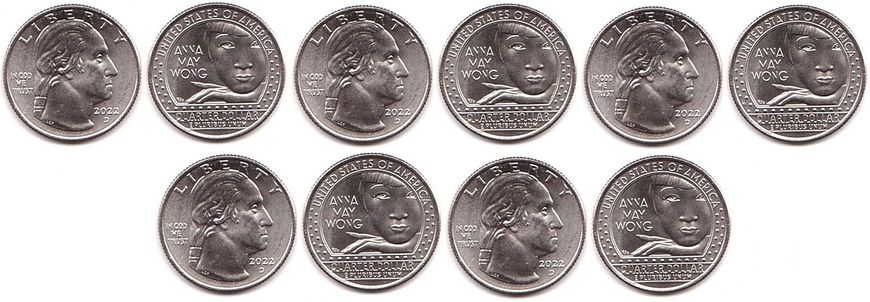 США - 5 шт х 1/4 ( Quarter ) Dollar ( 25 Cents ) 2022 - D - Анна Мэй Вонг Американские женщины - UNC