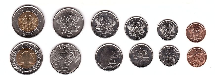 Ghana - 5 pcs x set 6 coins 1 5 10 20 50 Pesewa 1 Cedi 2007 - 2016 - aUNC