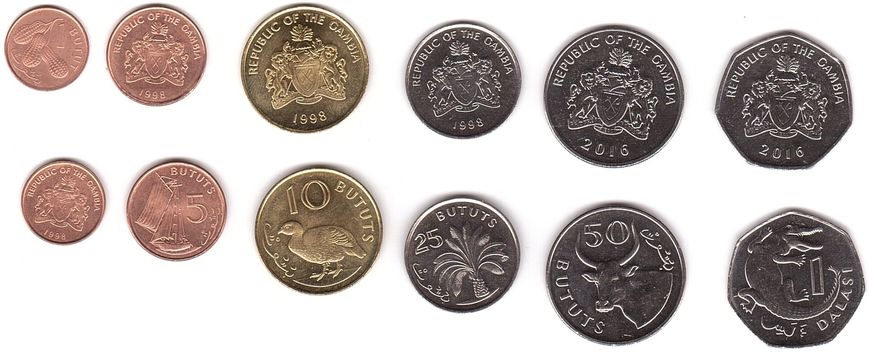 Гамбия - 5 шт х набор 6 монет 1 5 10 25 50 Bututs 1 Dalasi 1998 - 2016 - UNC