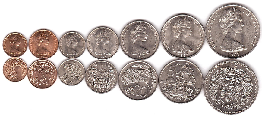 New Zealand - set 7 coins 1 2 5 10 20 50 Shilling 1 Dollar 1967 - aUNC / XF+