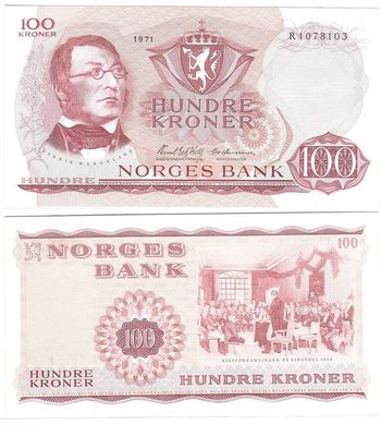 Норвегія - 100 Kroner 1971 - Pick 38e - UNC