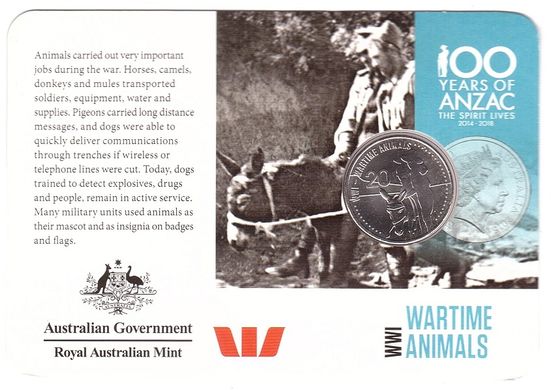 Австралия - 20 Cents 2015 - WWI - Wartime Animals - in folder - comm. - UNC