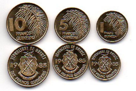 Гвінея - набір 3 монети 1 5 10 Francs 1985 - UNC