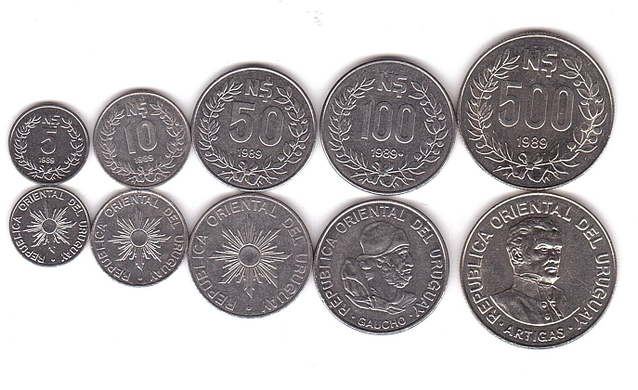 Уругвай - набор 5 монет 5 10 50 100 500 Nuevos Pesos 1989 - UNC