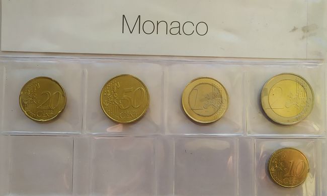 Монако - набор 5 монет 10 20 50 Cent 1 2 Euro 2002 - в запайке - UNC