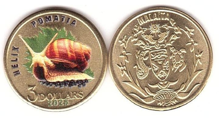 Fantasy - Malaita - 3 Dollars 2025 - Равлик Helix Pomatia - UNC