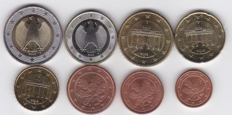 Німеччина - набір 8 монет 1 2 5 10 20 50 Cent 1 2 Euro 2002 - XF
