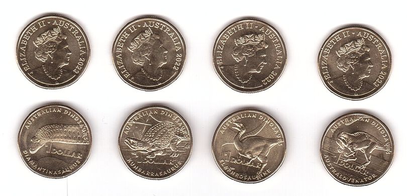 Австралия - набор 4 монеты x 1 Dollar 2022 - Динозавры - UNC