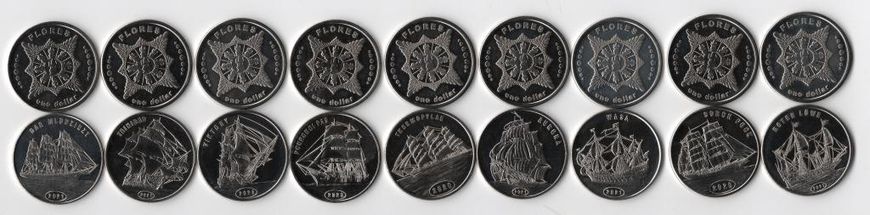 Fantasy - Flores - 5 pcs х set 9 coins x 1 Dollar 2019 - 2023 - Sailboats - UNC