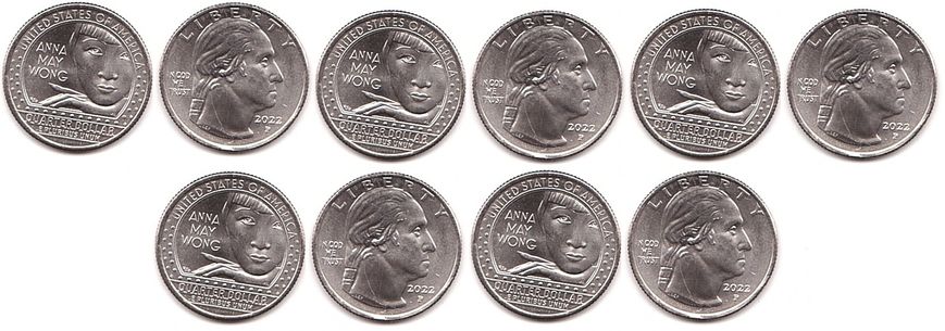США - 5 шт х 1/4 ( Quarter ) Dollar ( 25 Cents ) 2022 - P - Анна Мэй Вонг Американские женщины - UNC