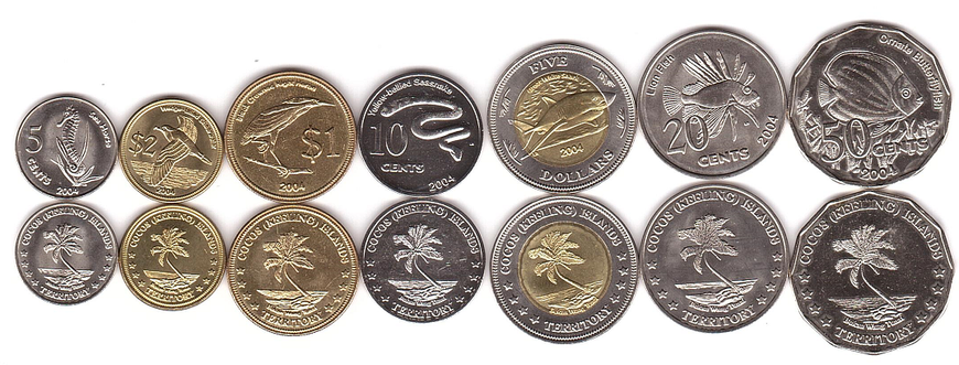 Cocos ( Keeling ) Islands - 3 pcs x set 7 coins 5 10 20 50 Cents 1 2 5 Dollars 2004 - aUNC / UNC