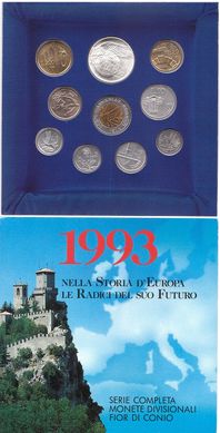 Сан-Марино - набір 10 монет 1 2 5 10 20 50 100 200 500 1000 Lire (1000 срібло) 1993 comm. - UNC