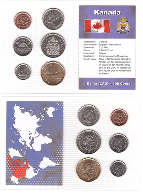 Канада - набор 6 монет 1 5 10 25 50 Cents 1 Dollar 2007 - 2012 - t.1 в блистере - UNC