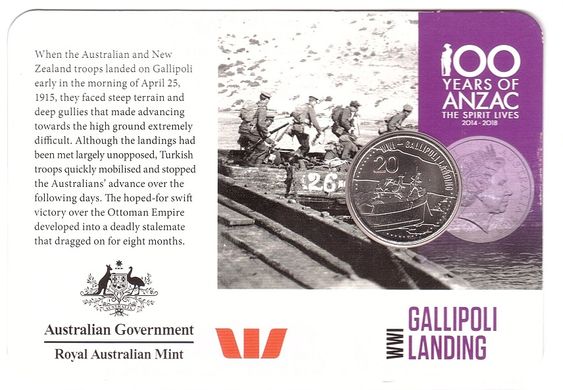 Австралия - 20 Cents 2015 - WWI - Gallipoli Landing - in folder - comm. - UNC