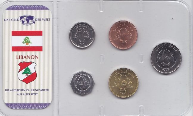Ливан - набор 5 монет 25 50 100 250 500 Pounds 1996 - 2006 - в блистере - UNC
