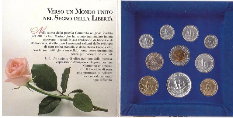 Сан-Марино - набор 10 монет 1 2 5 10 20 50 100 200 500 1000 Lire (1000 серебро) 1993 comm. - UNC