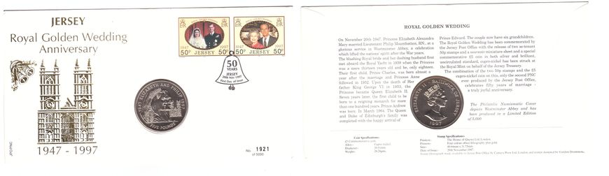Джерси - 5 Pounds 1997 - 50 лет свадьбе Королевы Елизаветы II и Принца Филиппа - не цветная - в конверте - comm - UNC