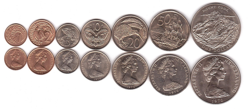 Нова Зеландія - набір 7 монет 1 2 5 10 20 50 Cents 1 Dollar 1970 - aUNC / XF+