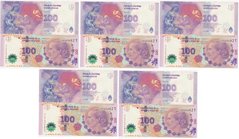 Аргентина - 5 шт х 100 Pesos 2012 - Pick 358b(3) - suffix T - UNC