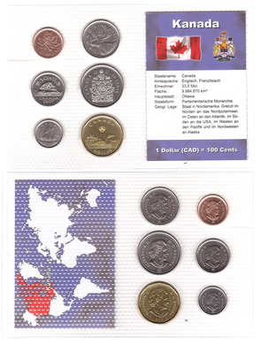 Канада - набор 6 монет 1 5 10 25 50 Cents 1 Dollar 2007 - 2012 - t.2 в блистере - UNC