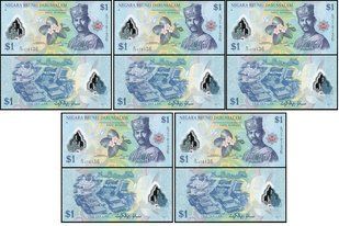 Бруней - 5 шт х 1 Ringgit 2011 - Pick 35a - Polymer - UNC