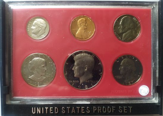 США - набір 6 монет 1 Dime 1 5 Cents 1/4 1/2 1 Dollar 1981 - S - у футлярі - Proof