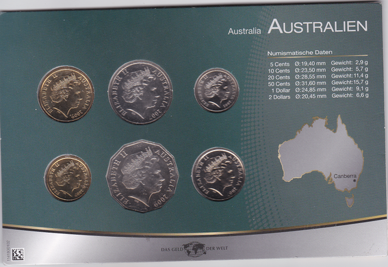 Австралия - набор 6 монет 5 10 20 50 Cents 1 2 Dollars 2001 - 2009 - в картонке №1 - UNC