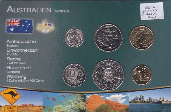 Австралия - набор 6 монет 5 10 20 50 Cents 1 2 Dollars 2001 - 2009 - в картонке №1 - UNC
