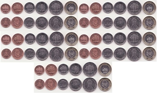 Ямайка - 5 шт х набор 6 монет 10 25 Cents 1 5 10 20 Dollars 1996 - 2008 - UNC