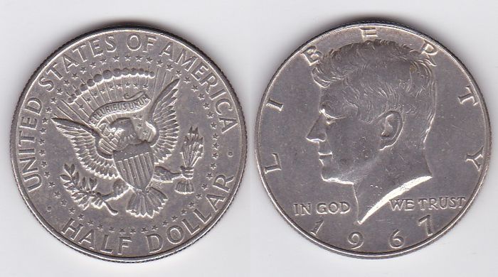 США - 50 Cents - 1/2 ( Half Dollar ) 1967 - Kennedy - серебро - XF