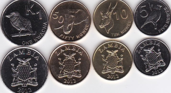 Замбія - 5 шт х набір 4 монети 5 10 50 Ngwee 1 Kwacha 2012 - UNC