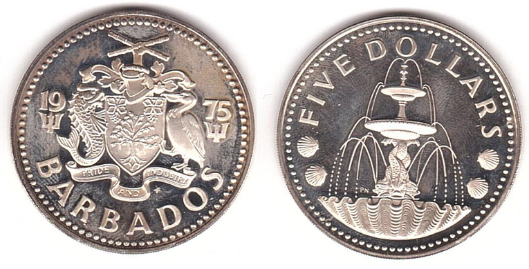 Барбадос - 5 Dollars 1975 - серебро - XF+